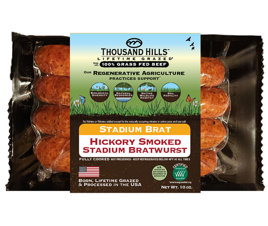 Stadium Bratwurst, Beef, Uncured, Hickory Smoked, Frozen, Grass-Fed