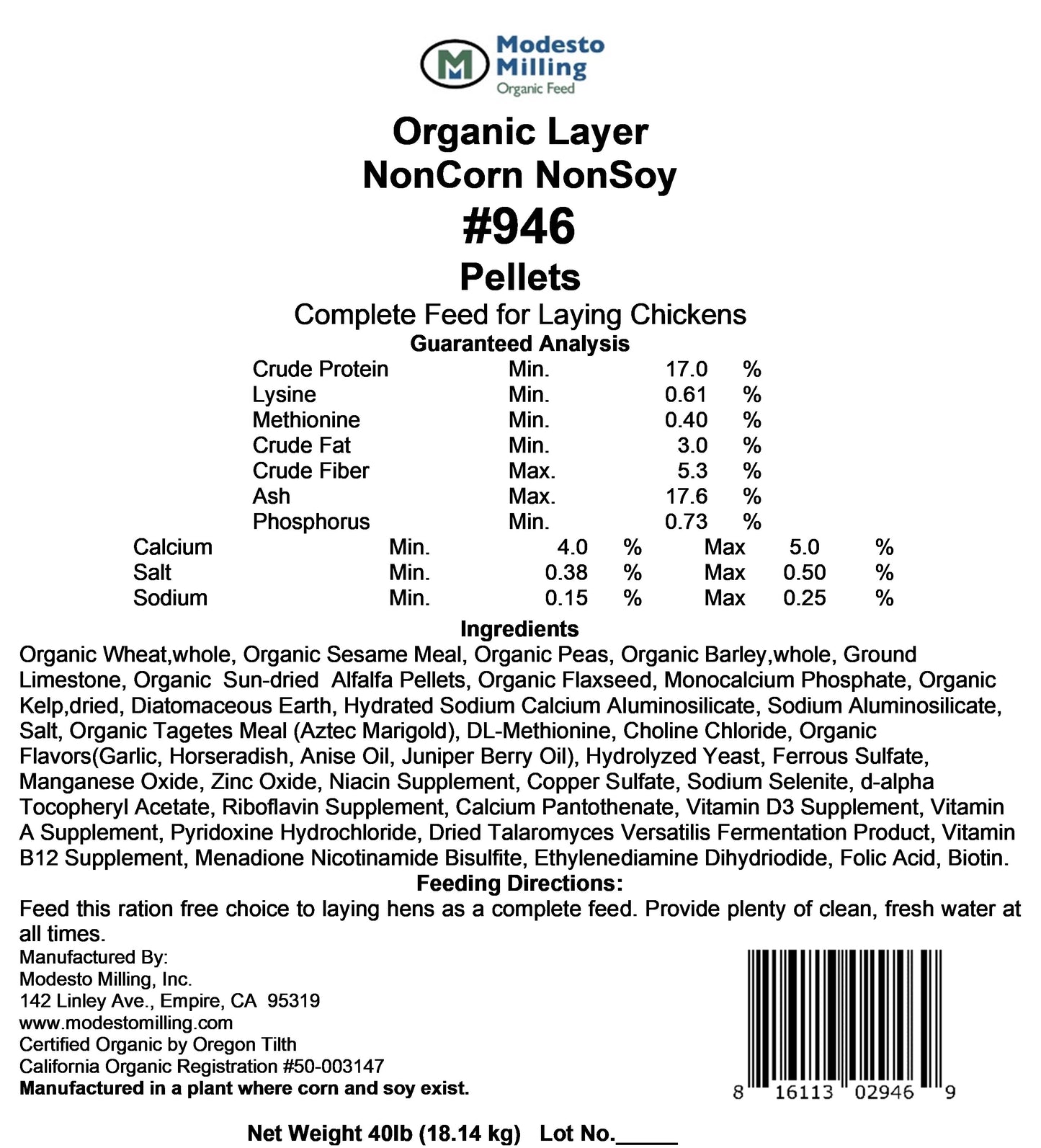 Poultry Layer Pellets, Soy Free, Corn Free, Organic
