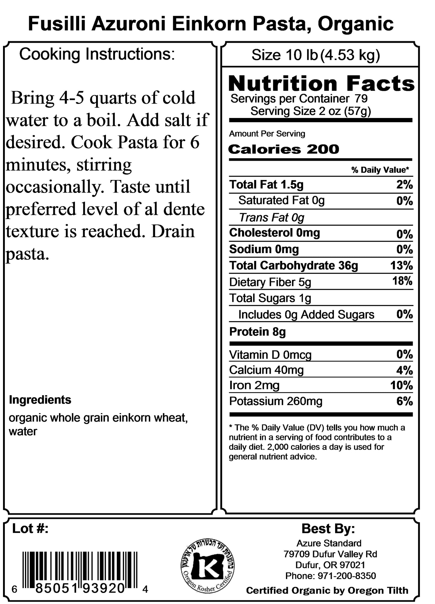Fusilli Azuroni Einkorn Pasta, Organic