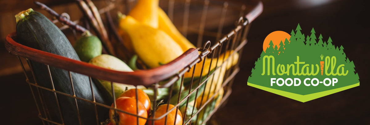Montavilla Food Co-op Banner Image: Fall Produce in Basket with Logo